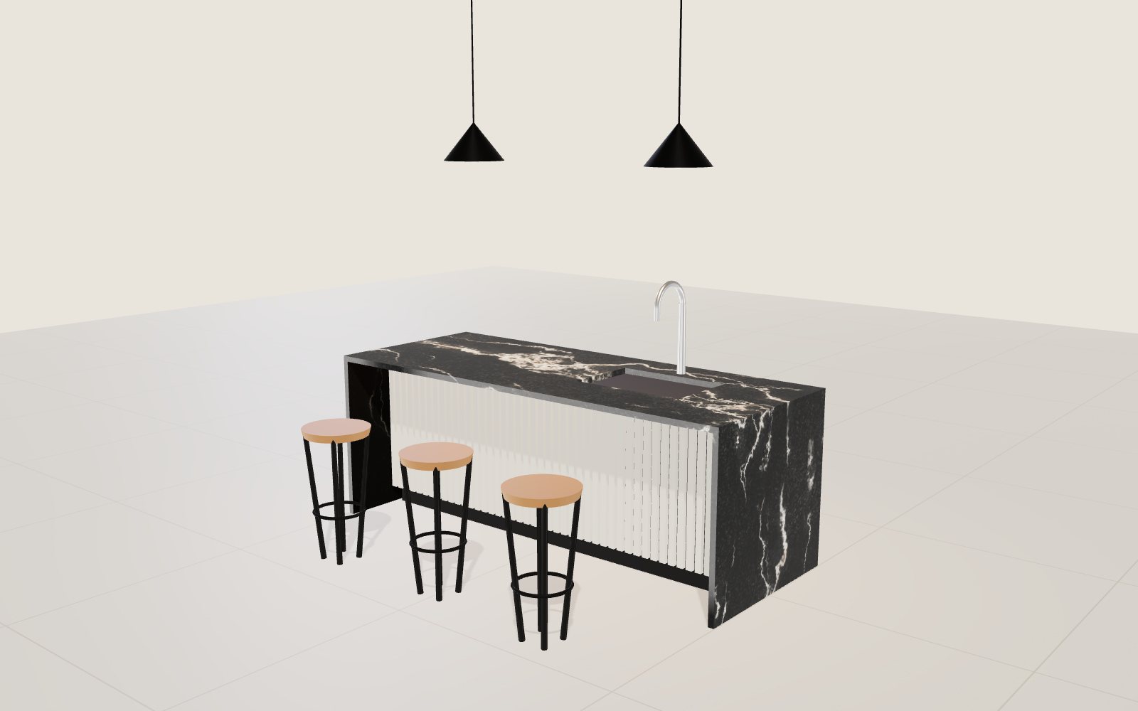 Ilha com cascata em granito Preto Via Láctea, com cuba, torneira, banquetas e pendentes